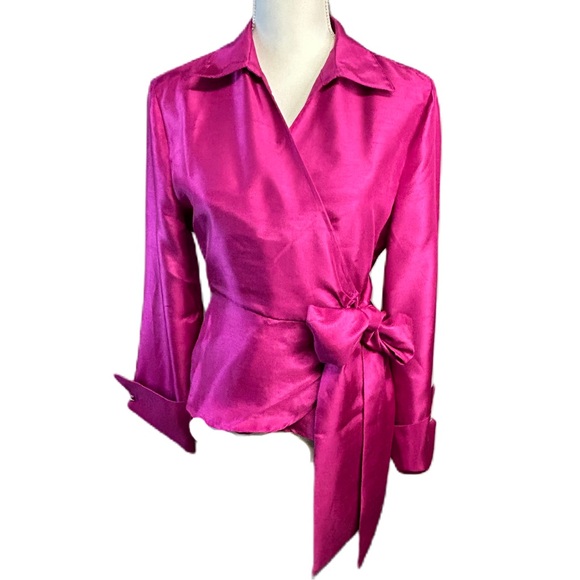 Wynne Collection Tops - Womens Long Sleeve Wrap Top Size L Tie Bow Satin Metallic Pink Formal Elegant